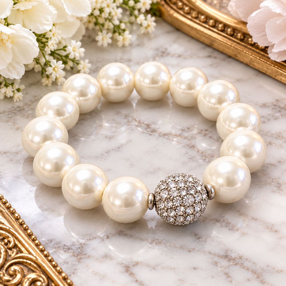 Chico's Chunky Faux Pearl Rhinestone Ball Stretch Bracelet 14mm Signed